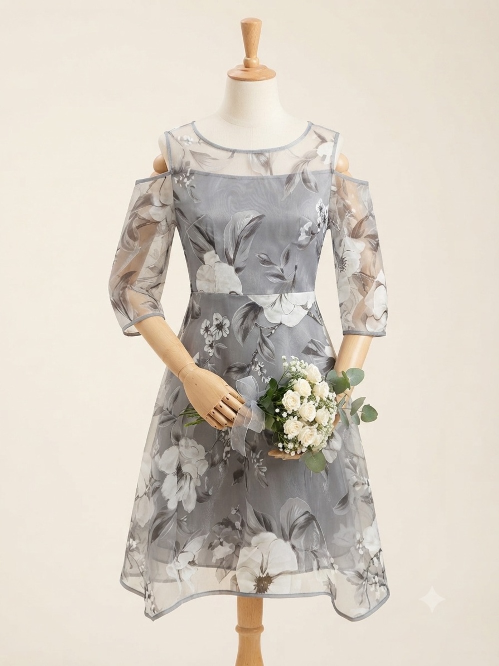 Elegant Gray Floral Cold-Shoulder A-Line Dress Organza/Mesh overlay size S